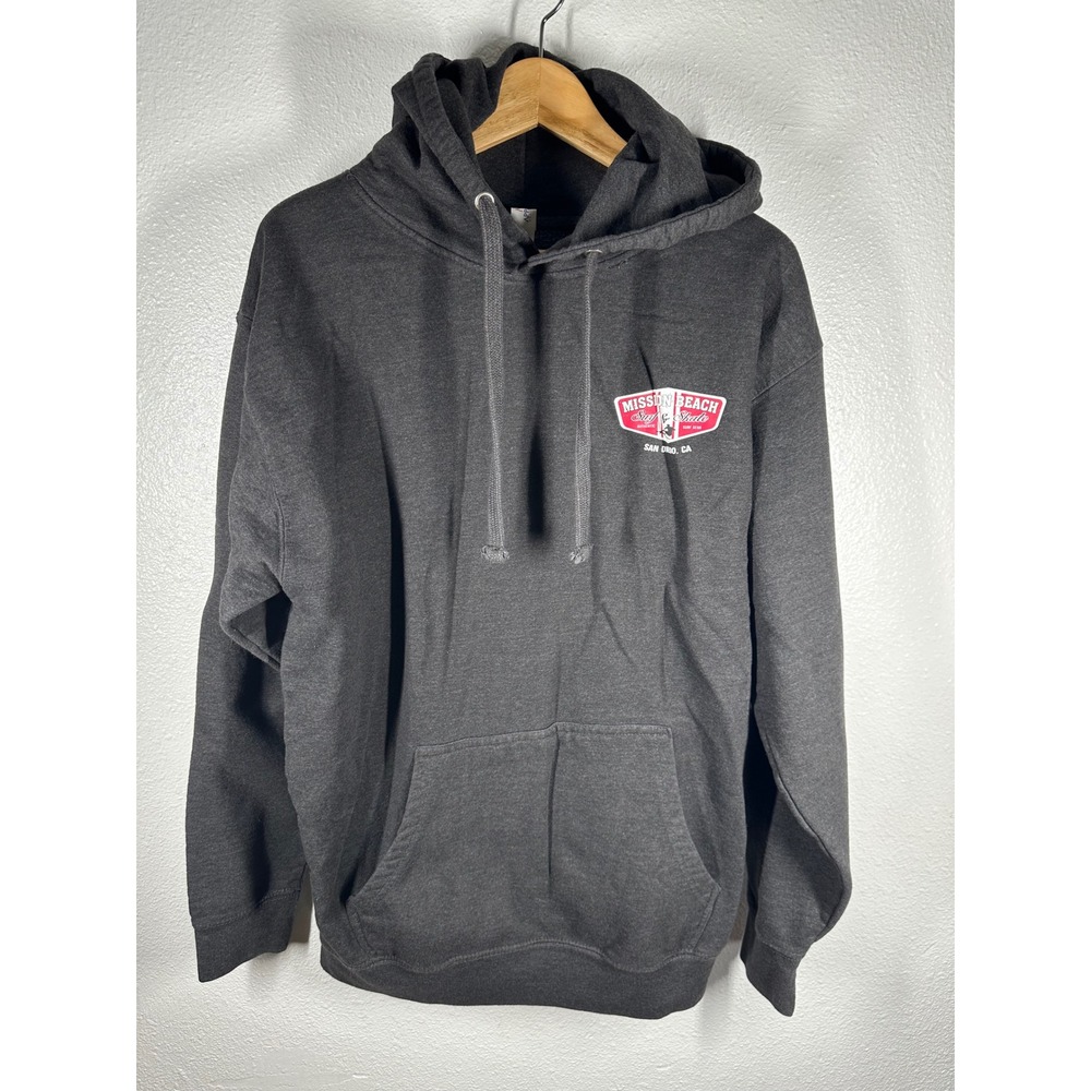 MJ Apparel Hoodie Mens L Gray Mission Beach Surf & Skate Graphic Pullover Fleece